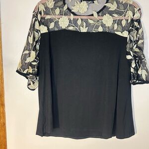 Kim & Cami Black Top with Cream Floral Lace Yoke